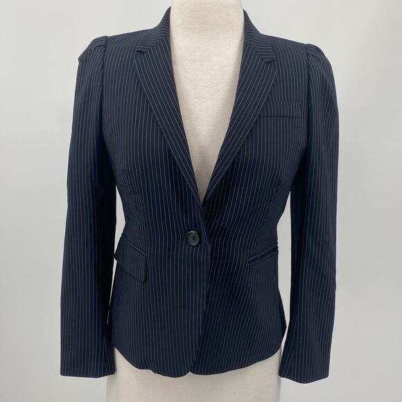 J Crew Wool Pinstripe Blazer Single Breasted Button Front Navy Petite Womens 8Pa - Picture 2 of 11